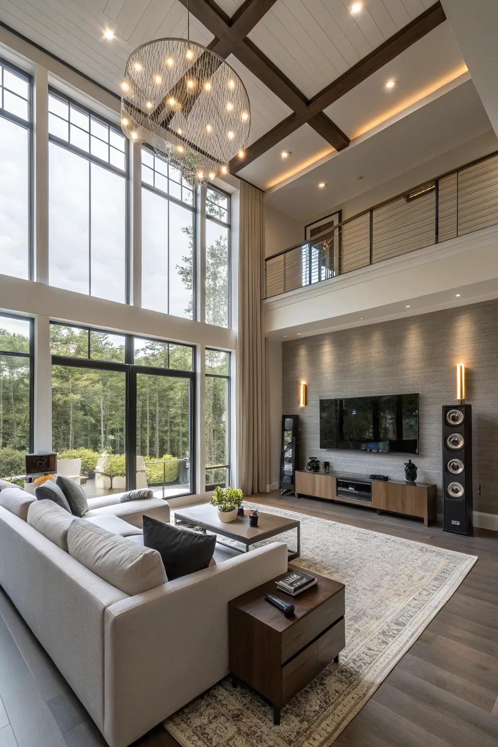 Smart technology enhances functionality in high-ceilinged living rooms.