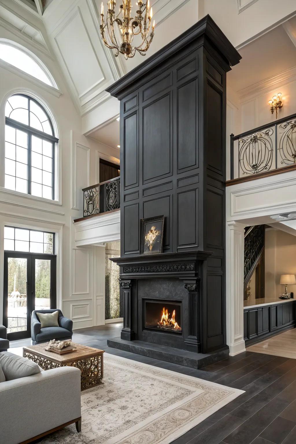 A single-tone dark-painted fireplace adding drama and sophistication.