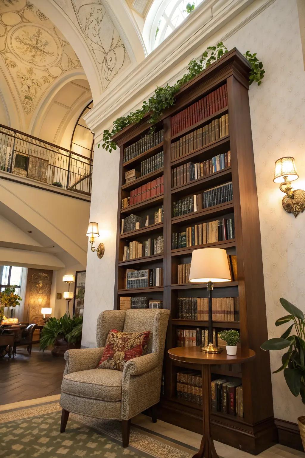 Tall focal points like bookshelves offer both style and function in high wall spaces.