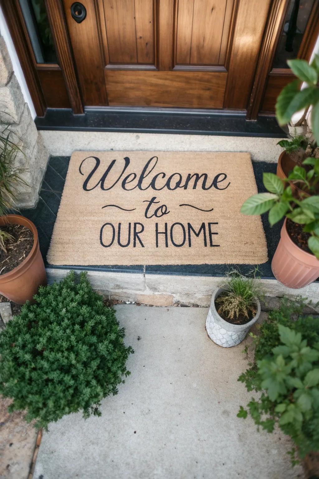 A personalized doormat welcoming guests with style.