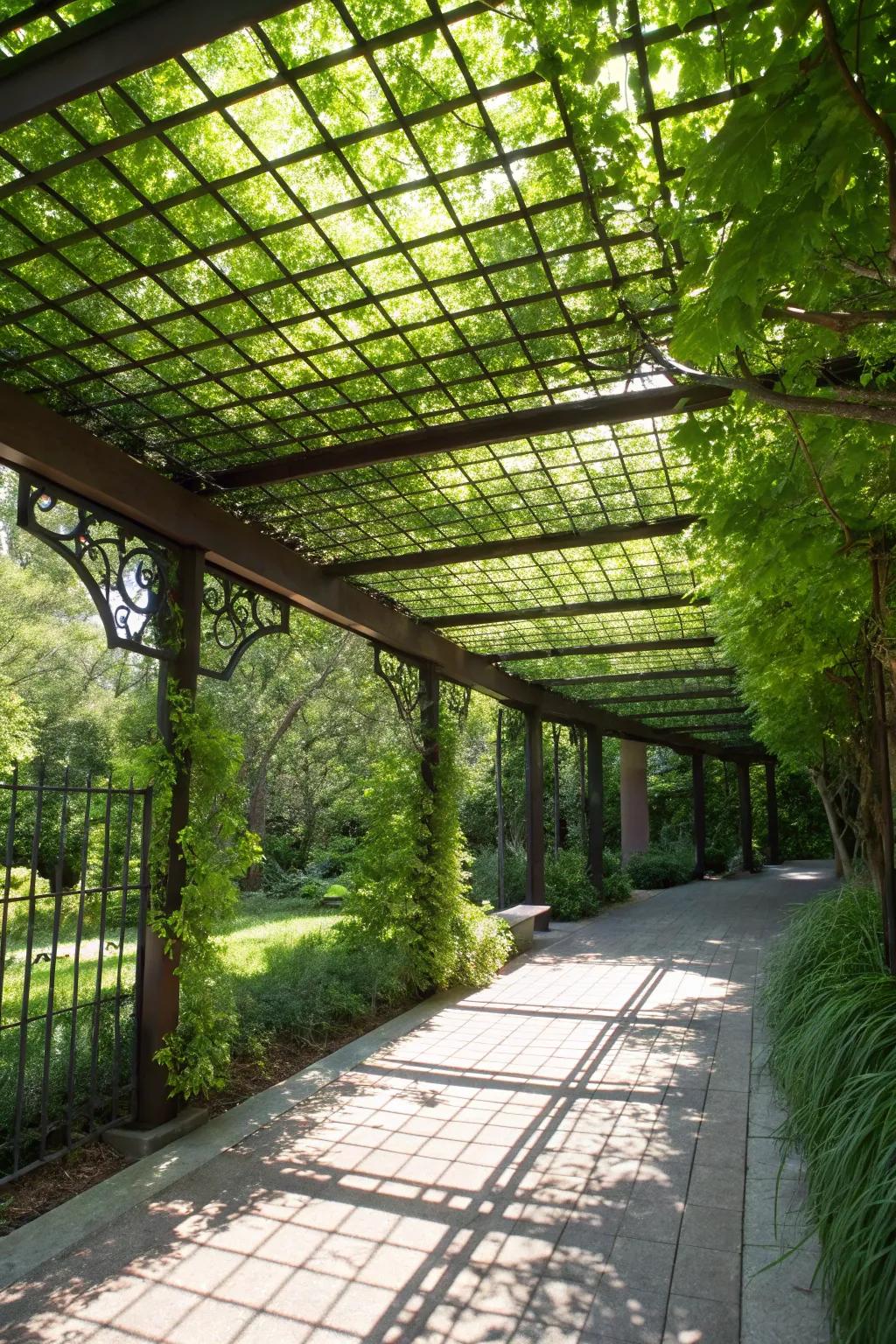Elevate your outdoor space with a stunning green roof supported by artisan hog wire trellis.