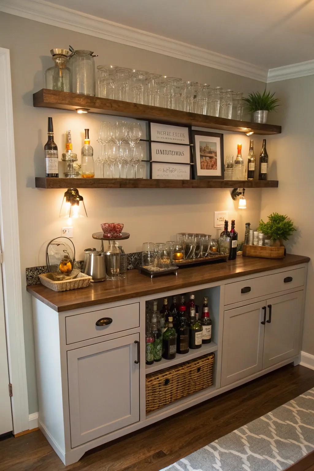 A buffet becomes a practical and stylish home bar with added shelving.