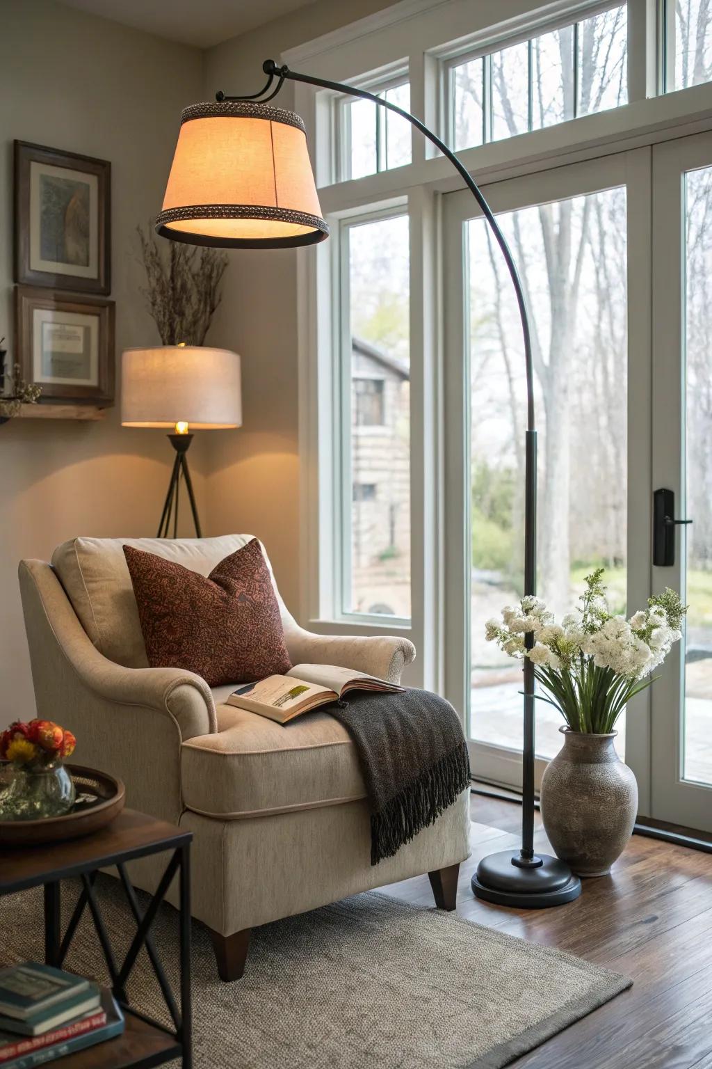 A versatile floor lamp adds flexibility to a living room.