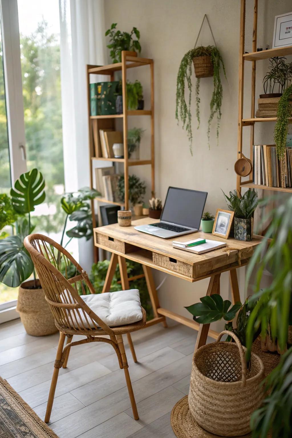 Nature-inspired desks create a serene and balanced workspace.