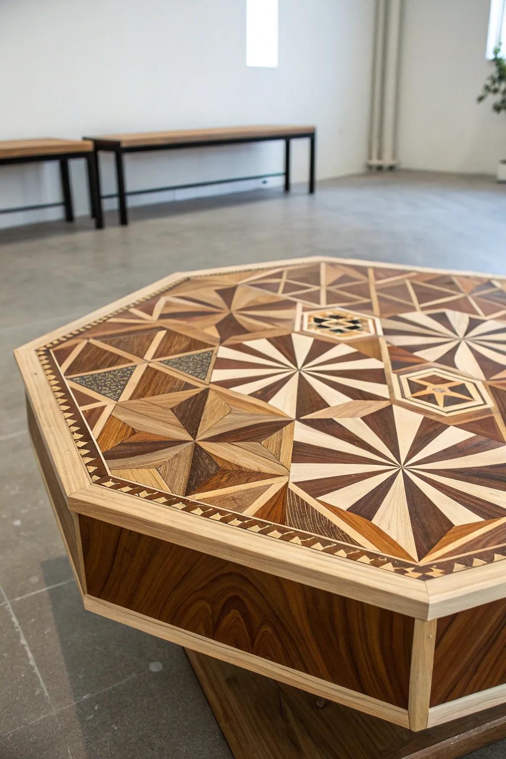 Elevate your space with a handcrafted geometric masterpiece: this wood coffee table blends artistry with functionality.