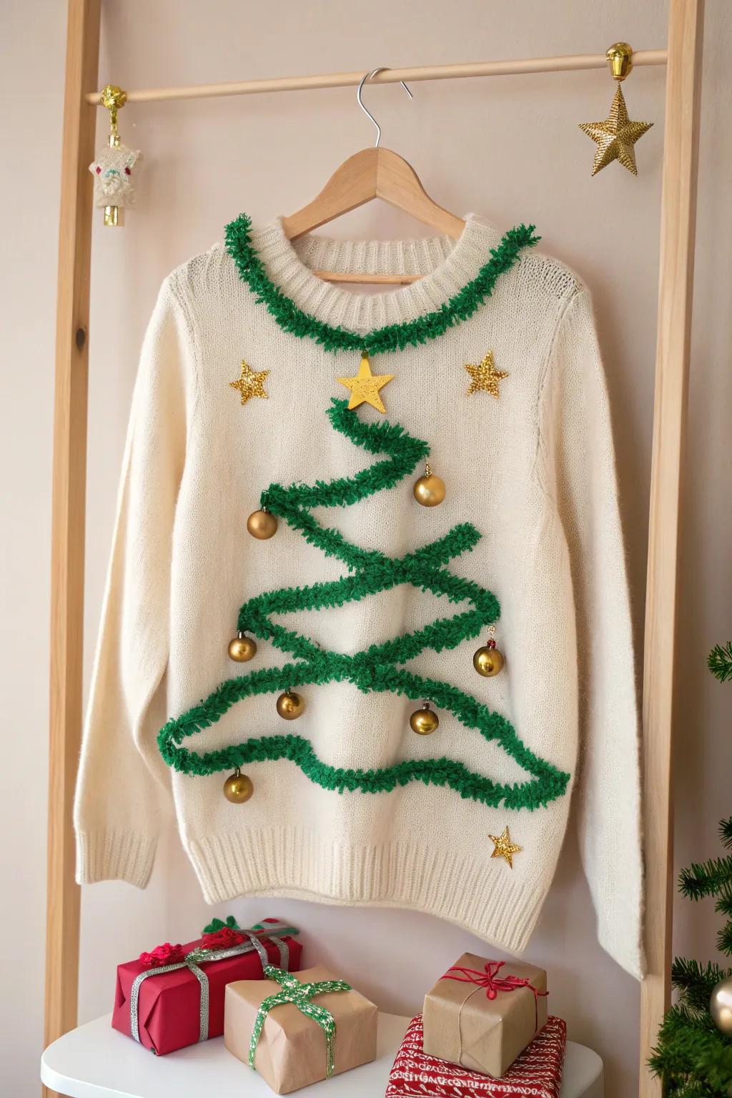 Elevate your holiday wardrobe with this charming Christmas Tree Couture sweater—where whimsy meets minimalist elegance.