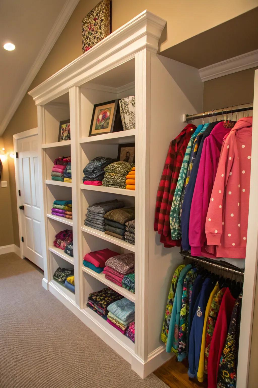 Custom shelving provides a bespoke solution for hoodie storage and display.