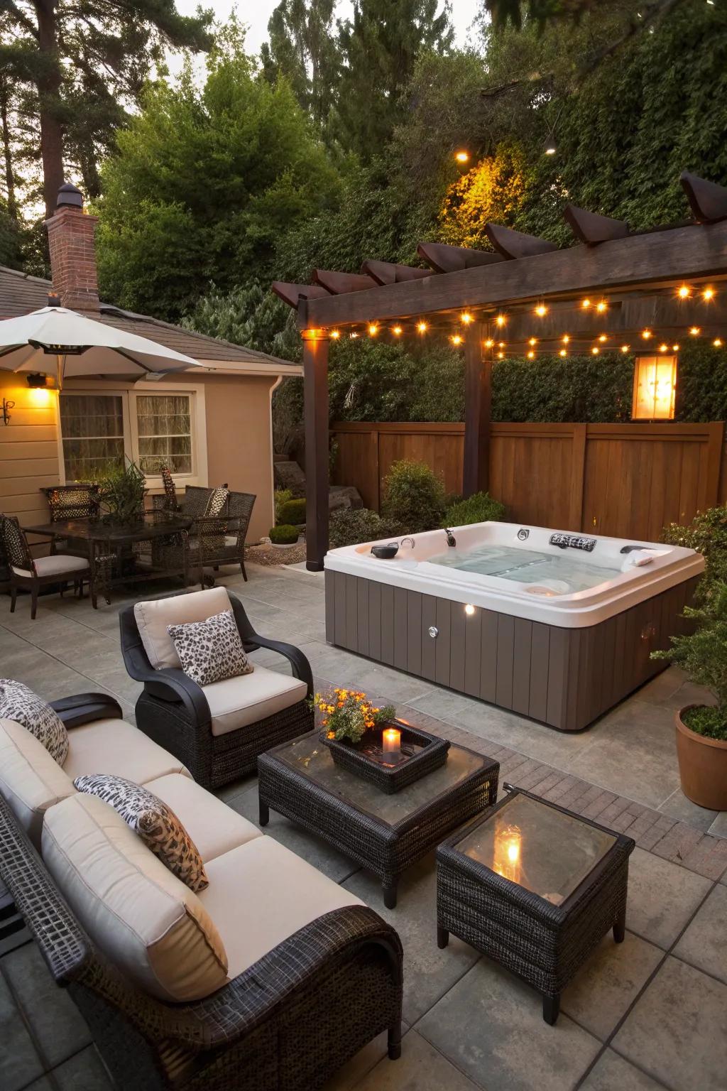 Plush seating invites relaxation both inside and outside the hot tub.