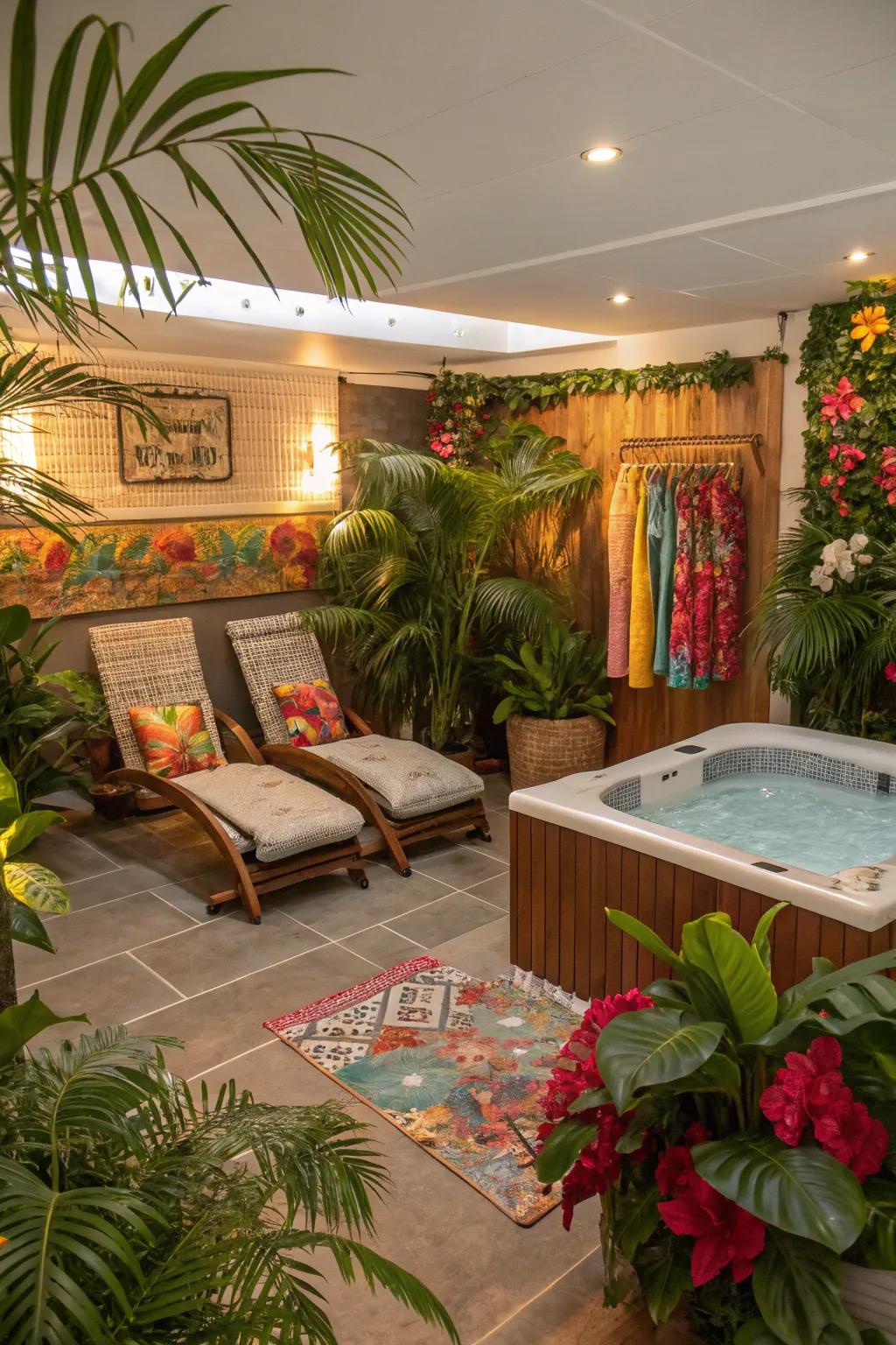 A hot tub room transformed into a tropical-themed escape.