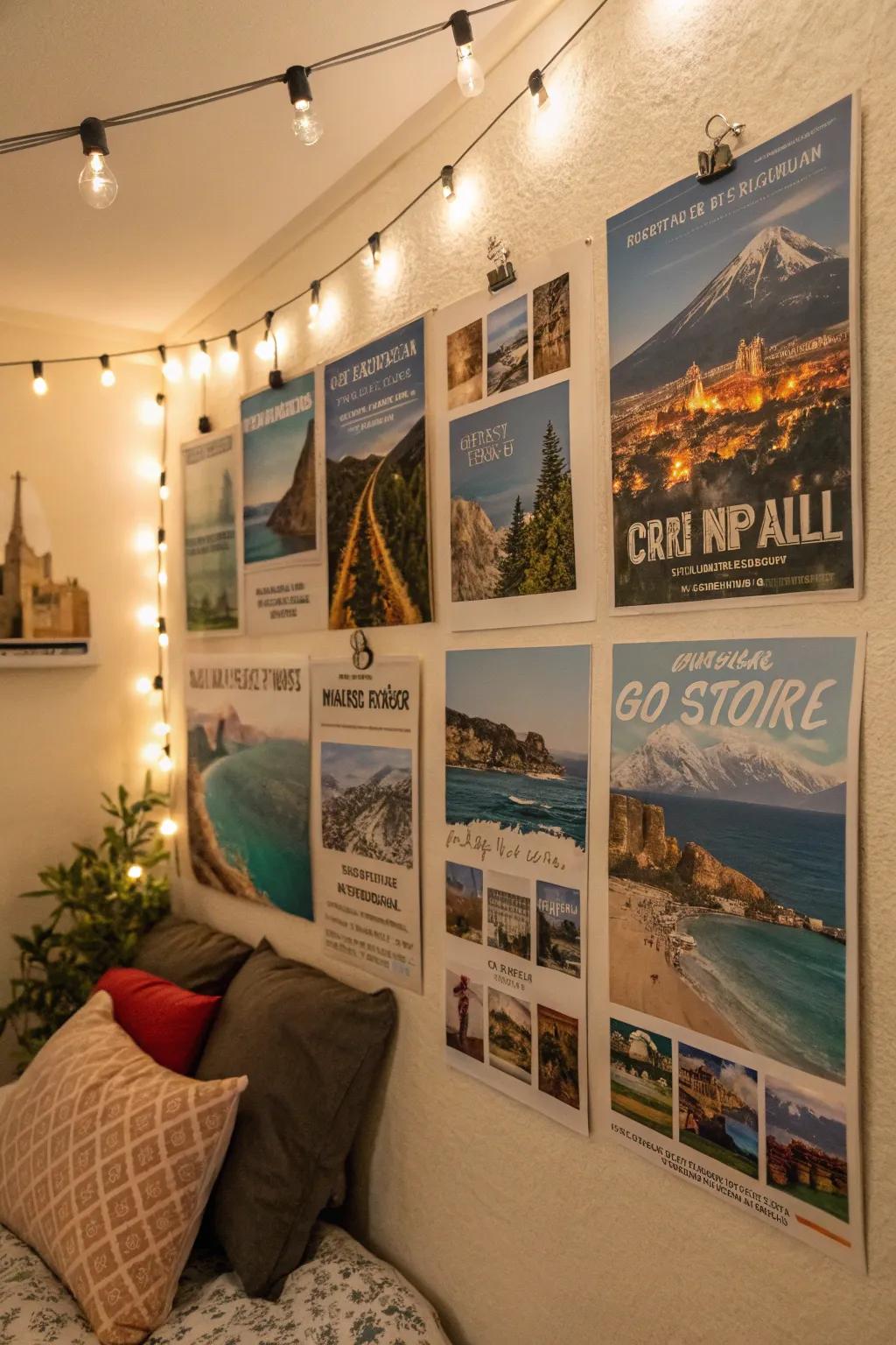 A themed wall with travel posters telling a story.