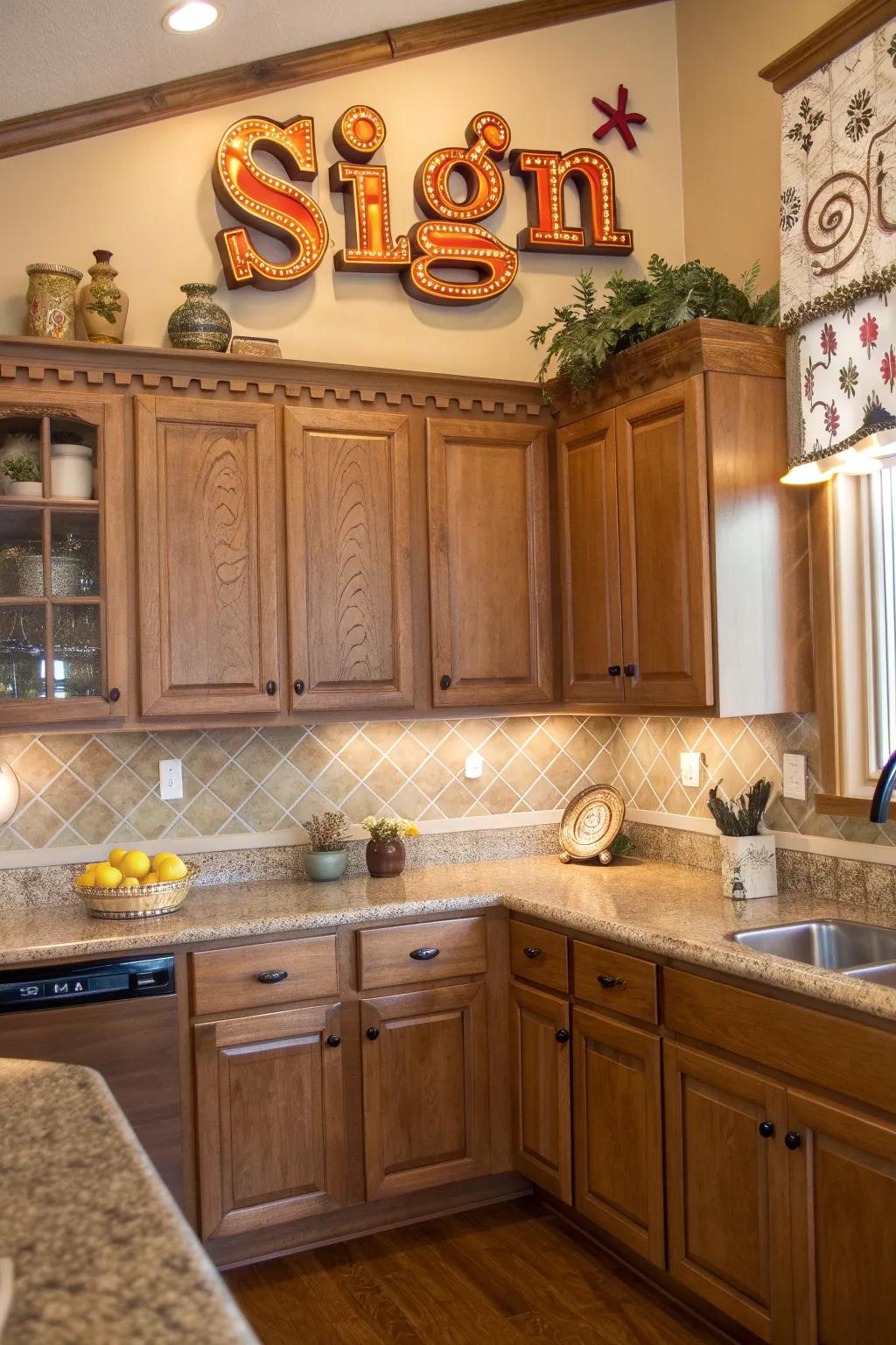 A large sign makes a bold statement above kitchen cabinets.