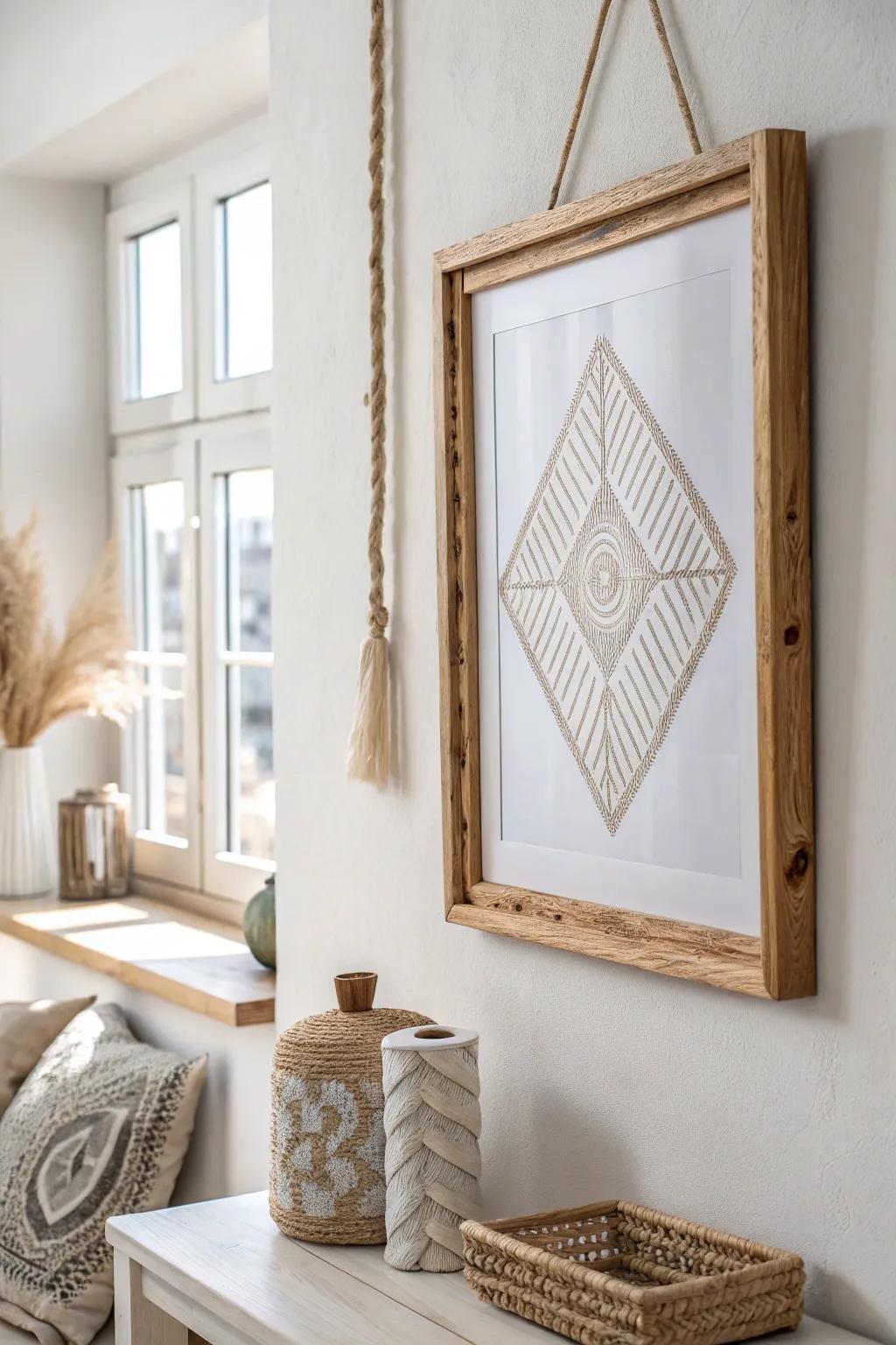 Transform your cords into a captivating piece of art with a simple frame. Embrace the beauty of simplicity and let your walls speak volumes.