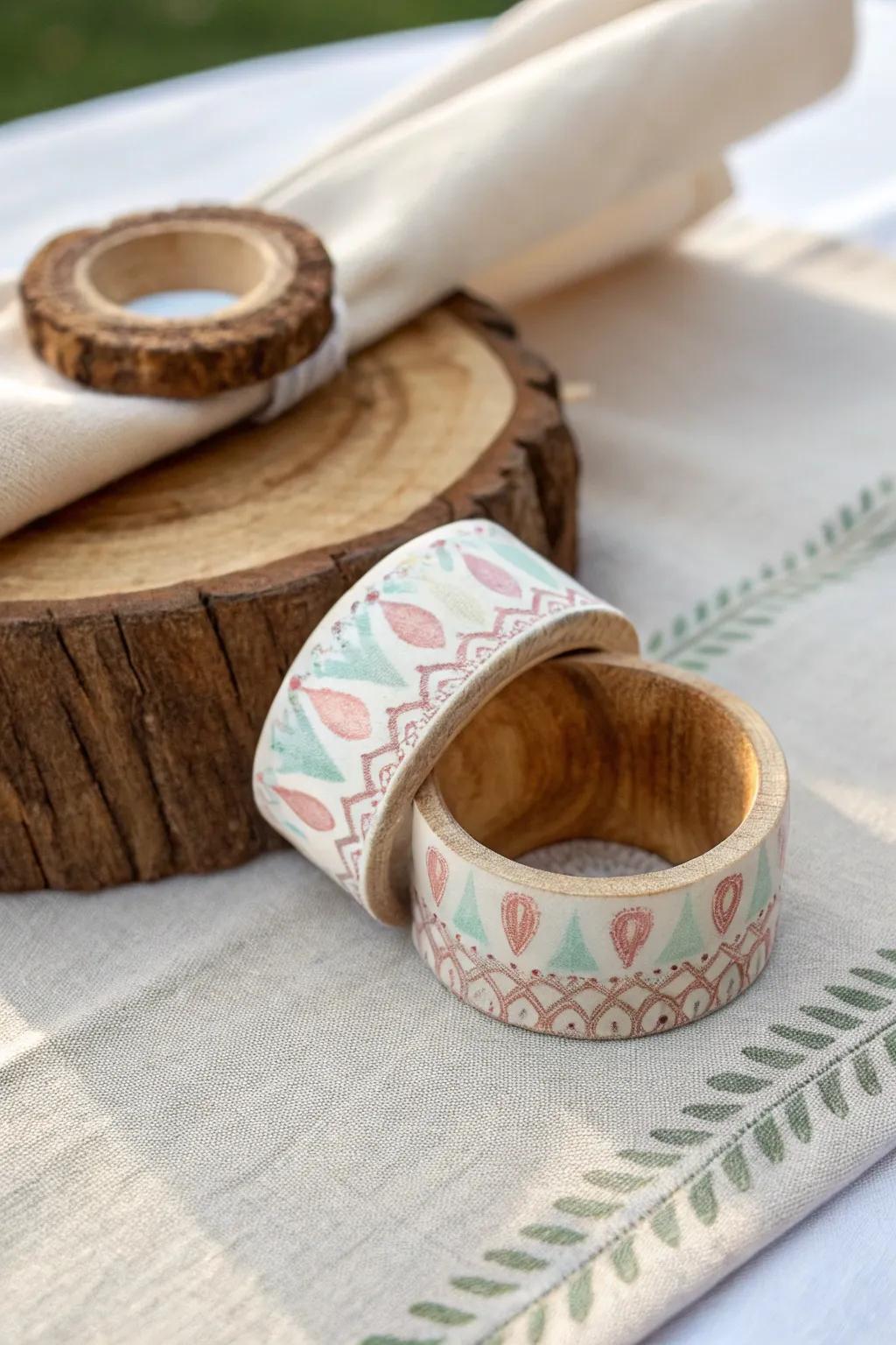 Elevate your table setting with a touch of personalized charm using painted wood slice napkin rings.