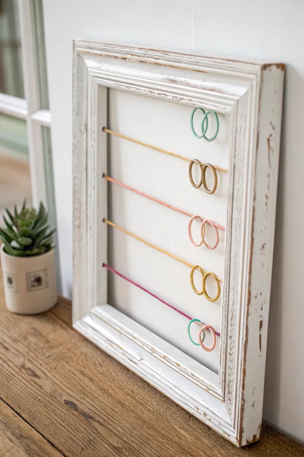 Transform your space with a touch of creativity: a chic rubber band holder from an old frame.