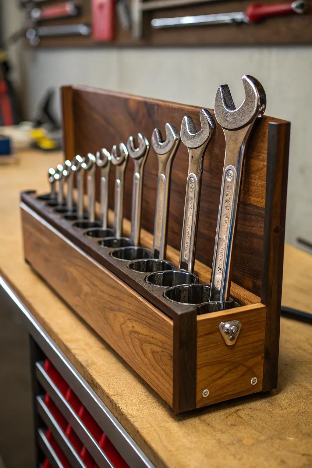 Transform chaos into a vertical masterpiece with this elegant upright wrench organizer.