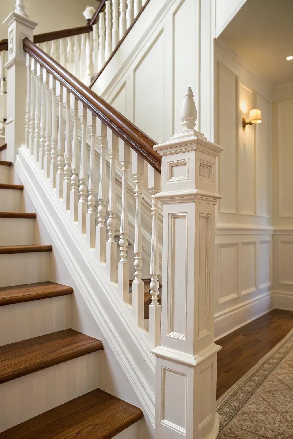 Embrace timeless elegance with an all-white stair railing that brightens your space with simplicity and style.
