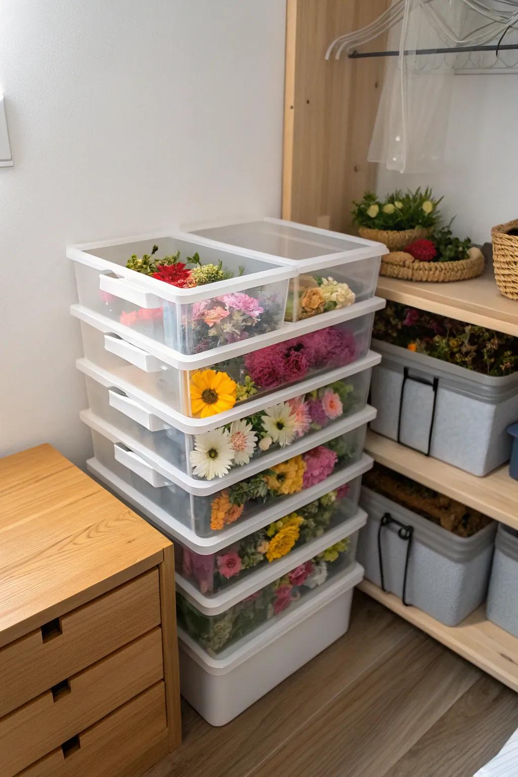 Stackable drawers efficiently store faux flowers in tight spaces.