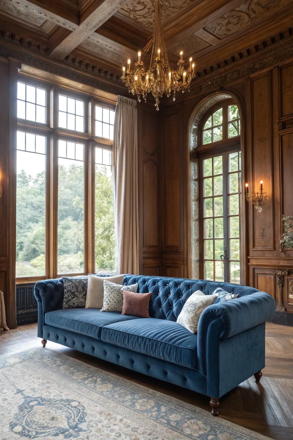 Velvet adds luxury and enhances the rich color of a blue couch.