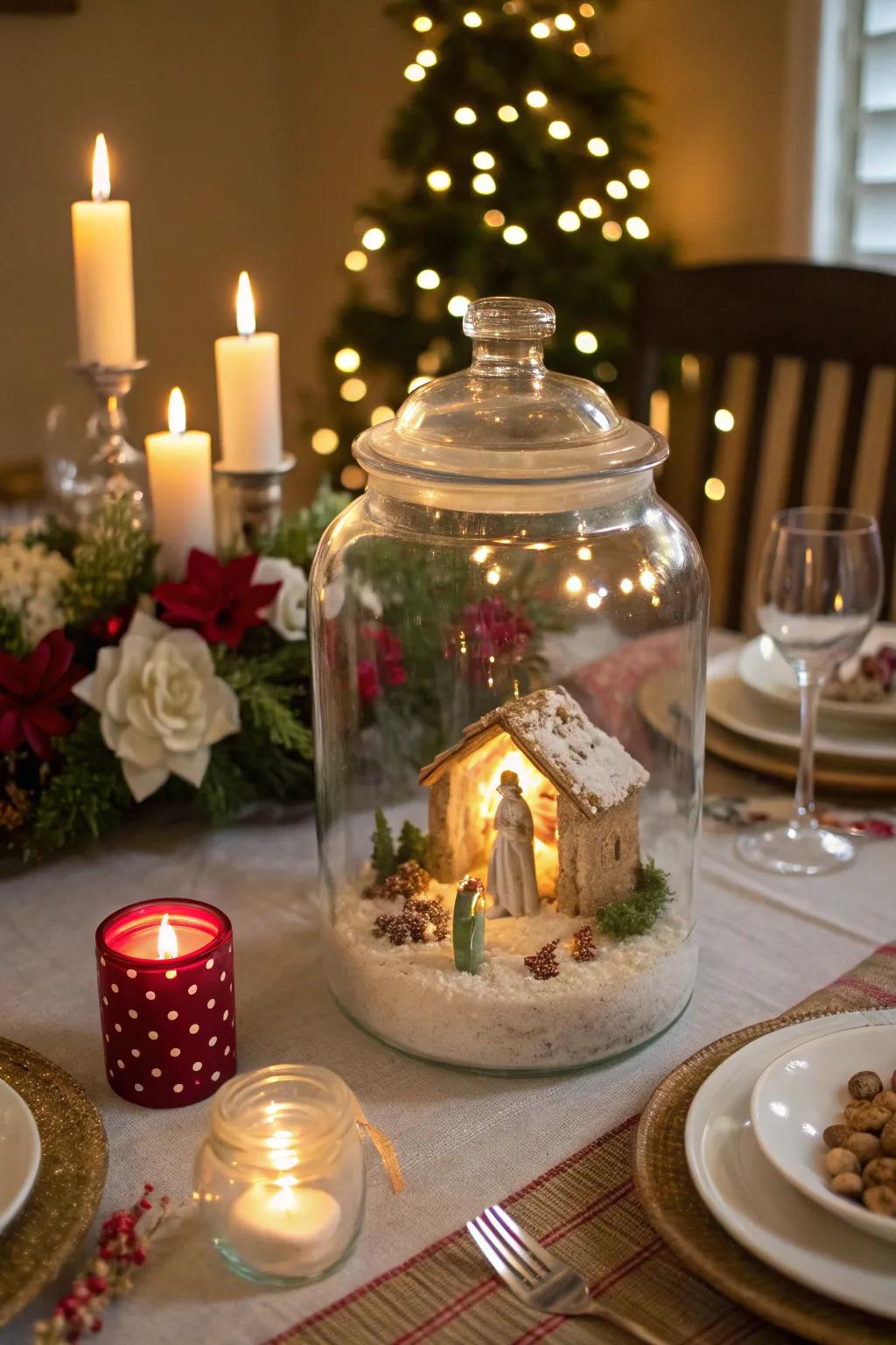 Glass jars add elegance and depth to the nativity scene.