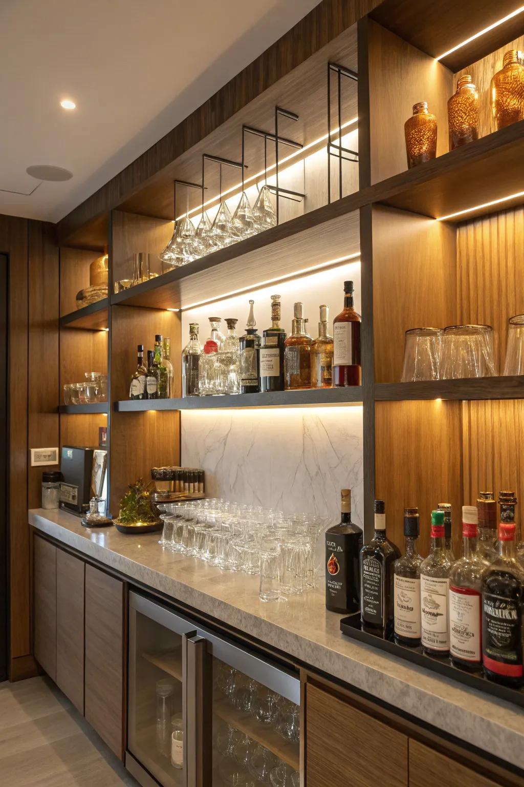 Floating shelves add a modern touch to the home bar.