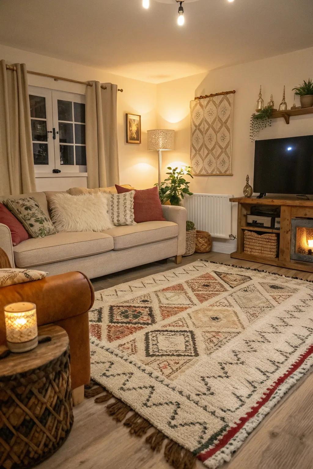 Layered rugs add warmth and comfort to any room.