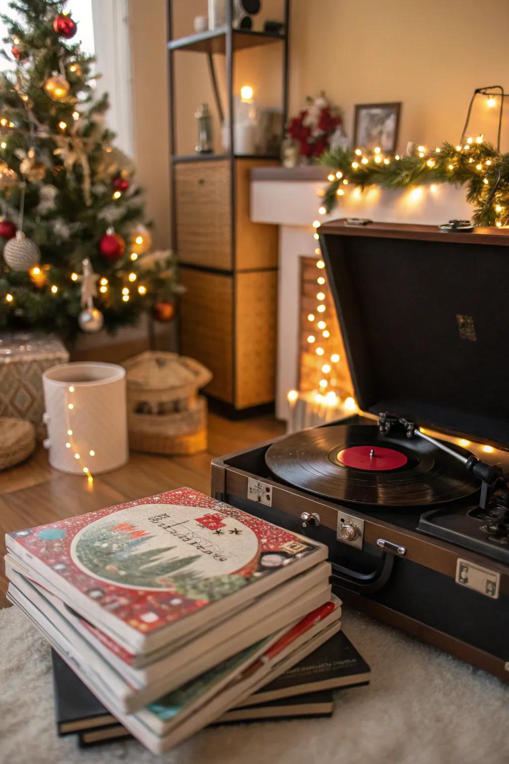 A holiday playlist enhances the festive atmosphere.