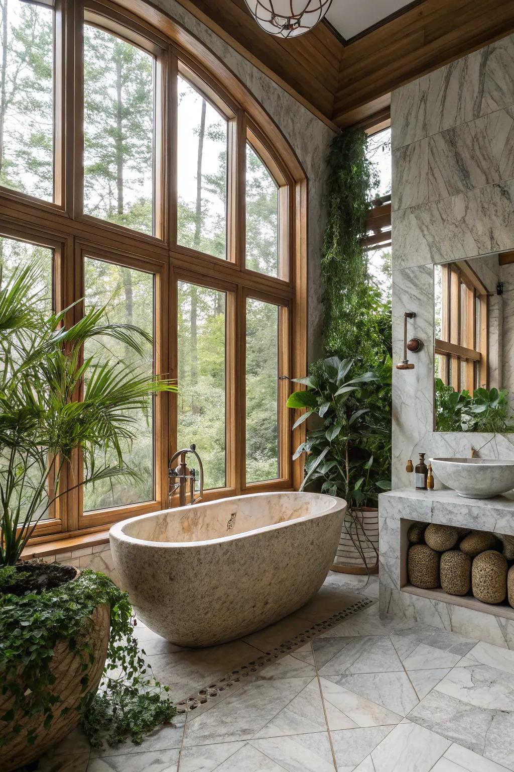 A luxurious stone tub providing a spa-like experience in a tranquil bathroom.