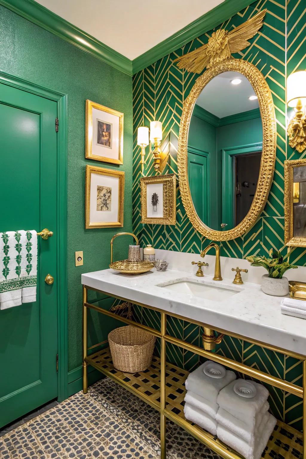 Bold emerald walls with striking gold decor make a vibrant style statement.