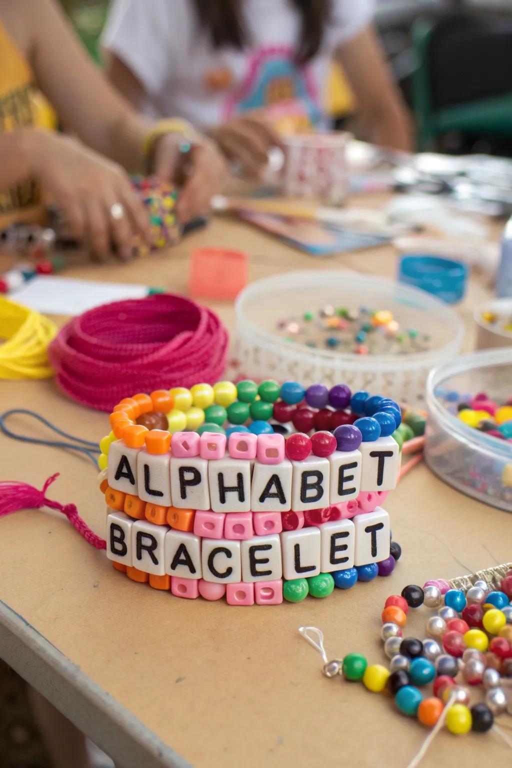 Crafting personalized alphabet bracelets with beads.