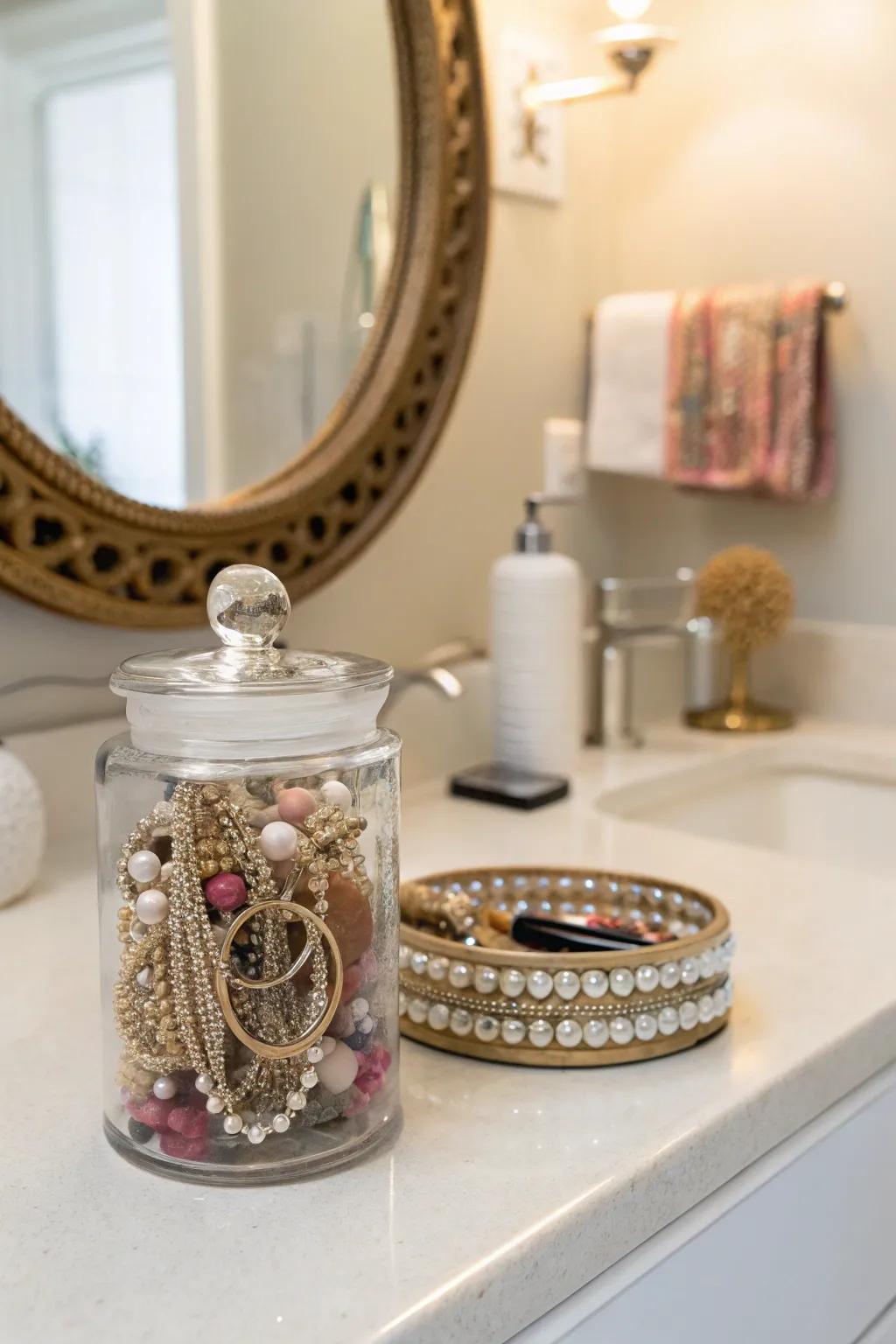 Organize jewelry with a chic decorative jar.