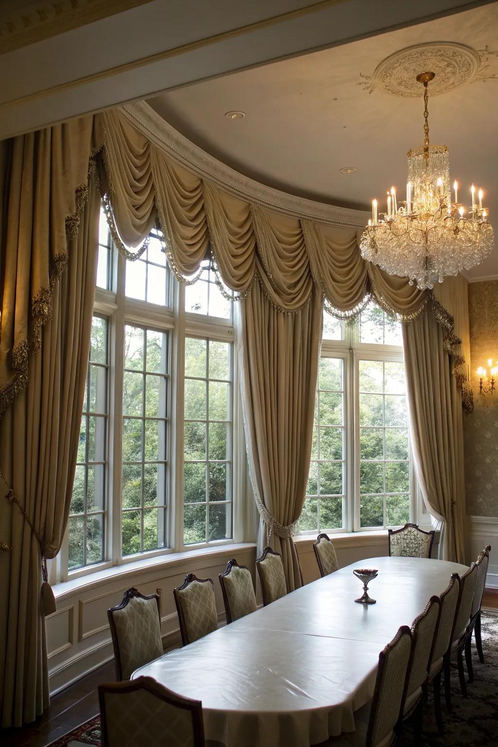 Drapery panels add a touch of sophistication to bay windows.