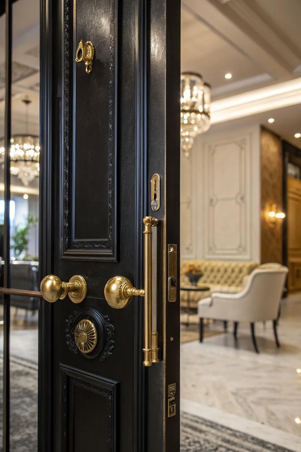 Metallic accents complementing a chic black door.