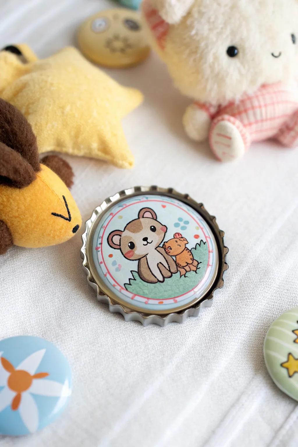 Animal-themed bottle cap pins for a whimsical touch.