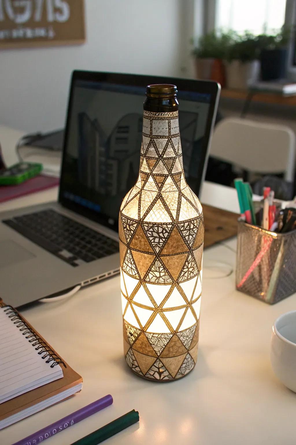 A geometric pattern bottle lamp for a modern office.