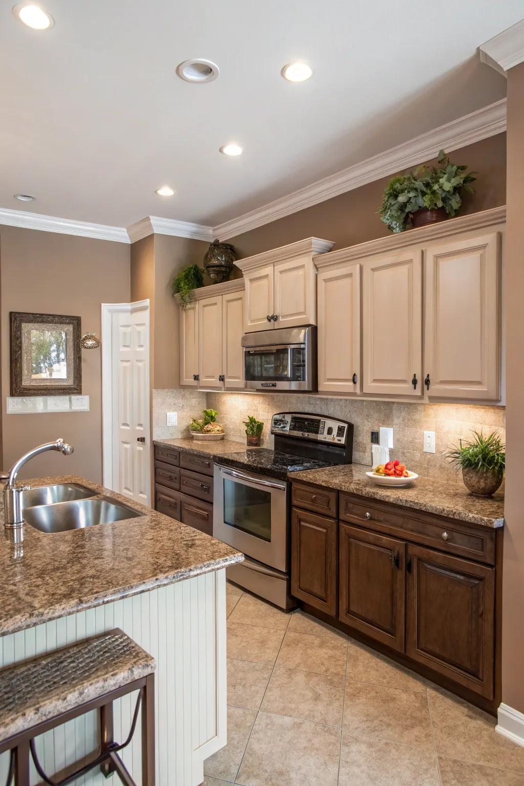 Soft taupe walls offer understated elegance in kitchens with brown granite.