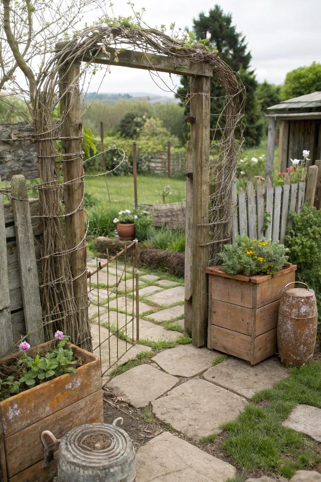 A simple wire gate adorned with natural twine offers warmth and texture.