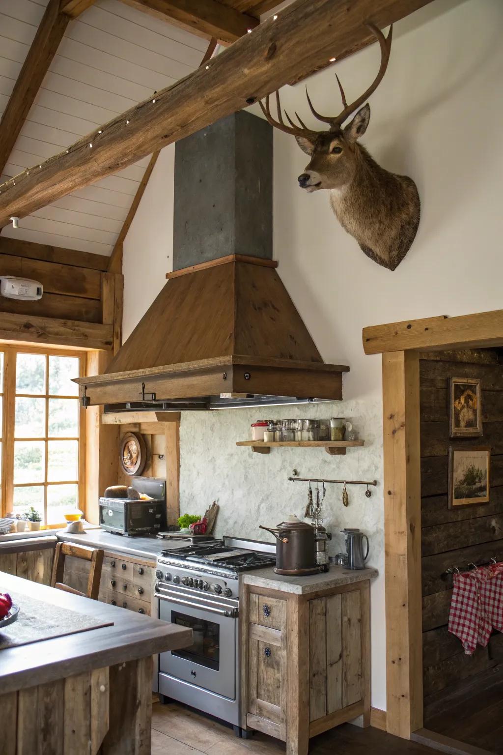 A rustic kitchen with a unique range hood featuring beams and art.