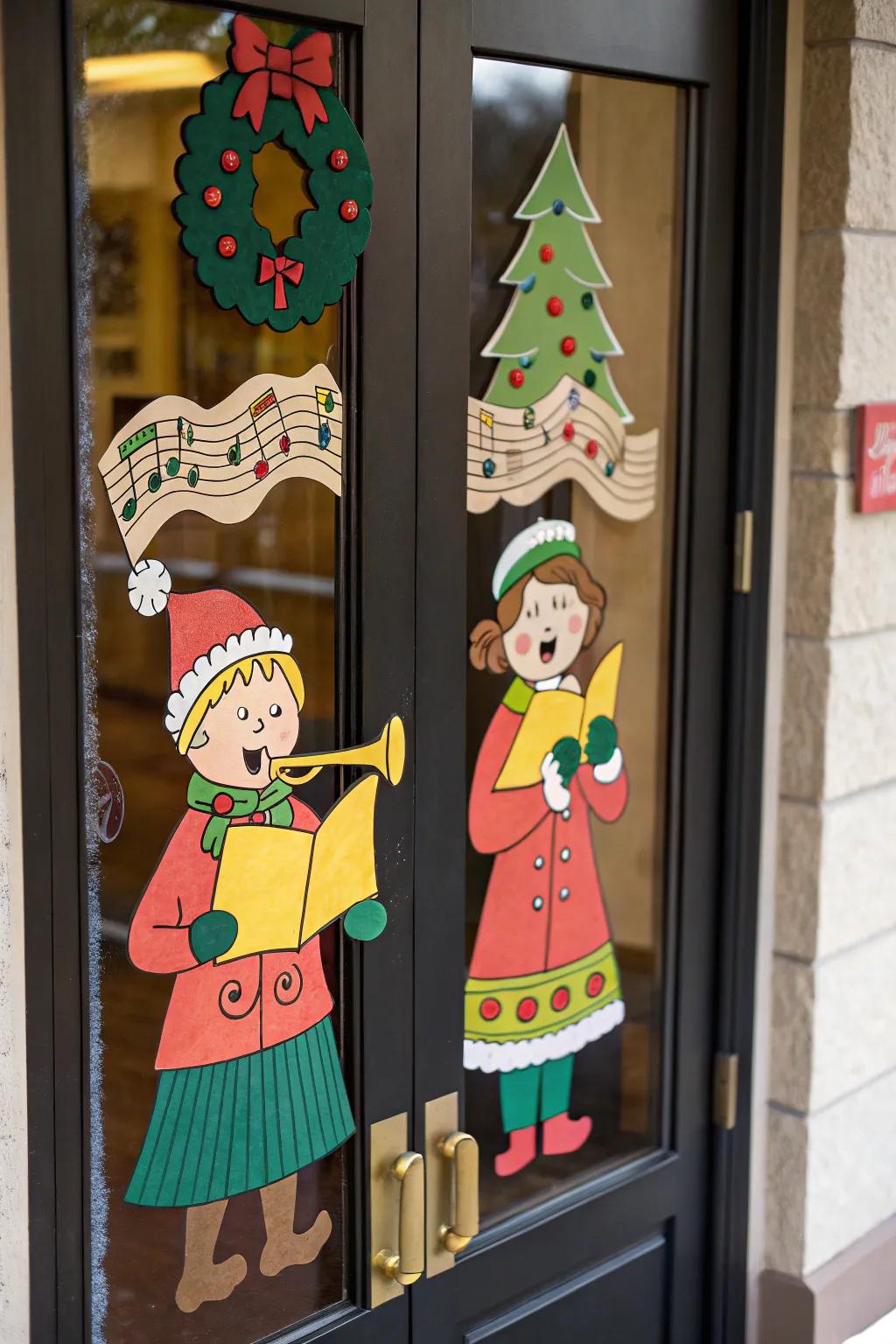 A whimsical caroling scene made of paper cutouts.