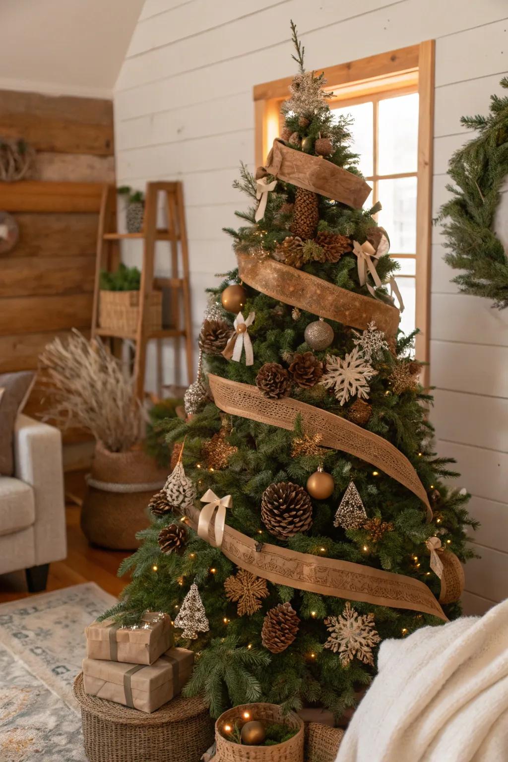 A woodland-inspired Christmas tree adorned with earth-toned ribbons, bringing the essence of nature indoors.