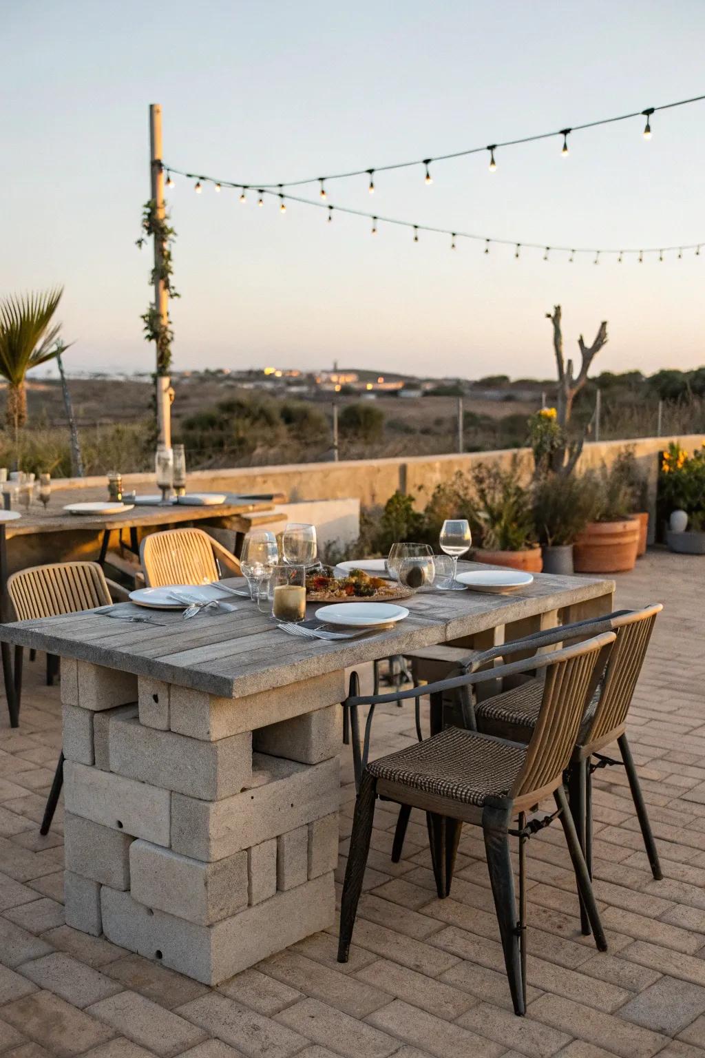 Dine outdoors with a stylish cinder block dining table.