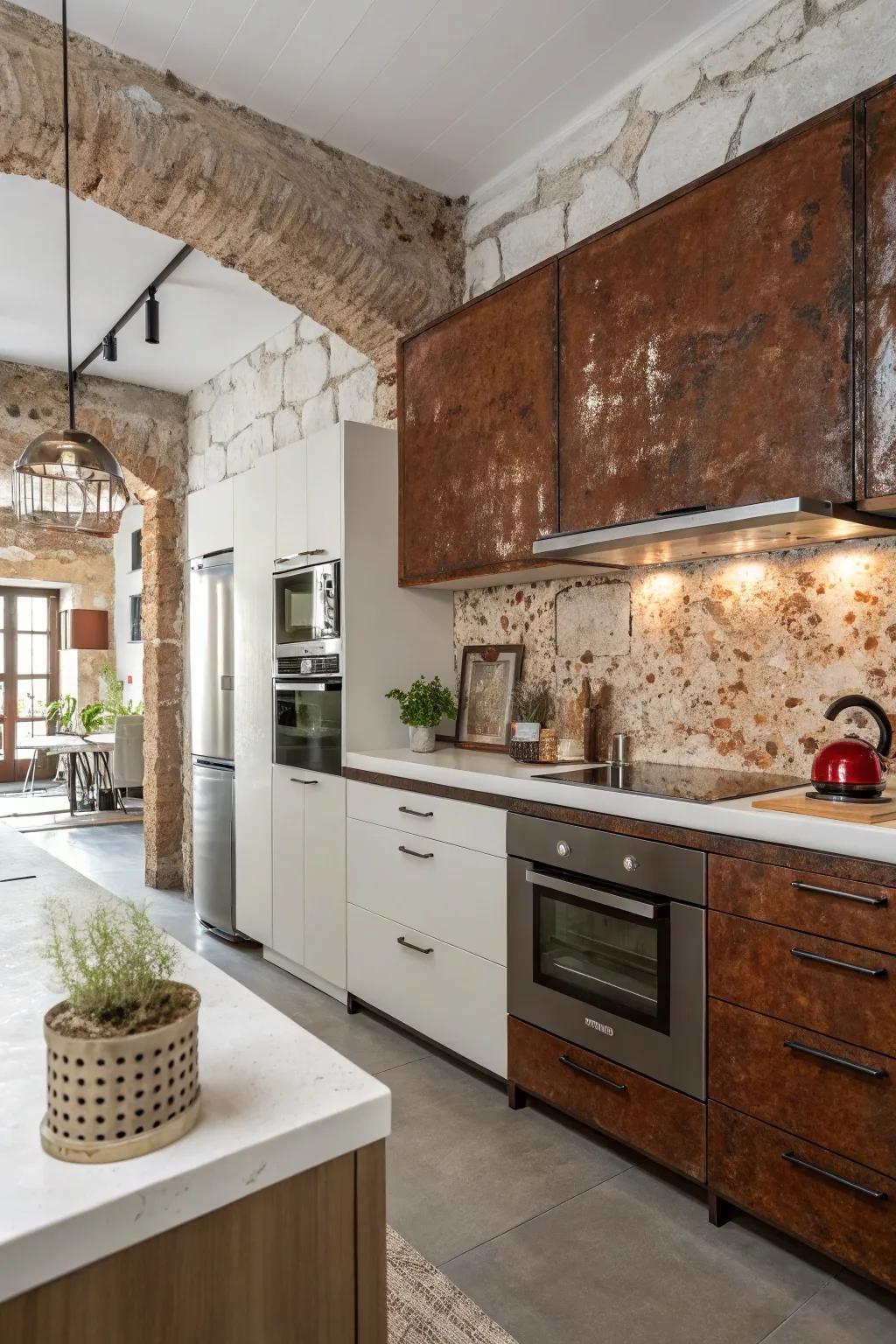 A bright kitchen with a warm rust and white palette.