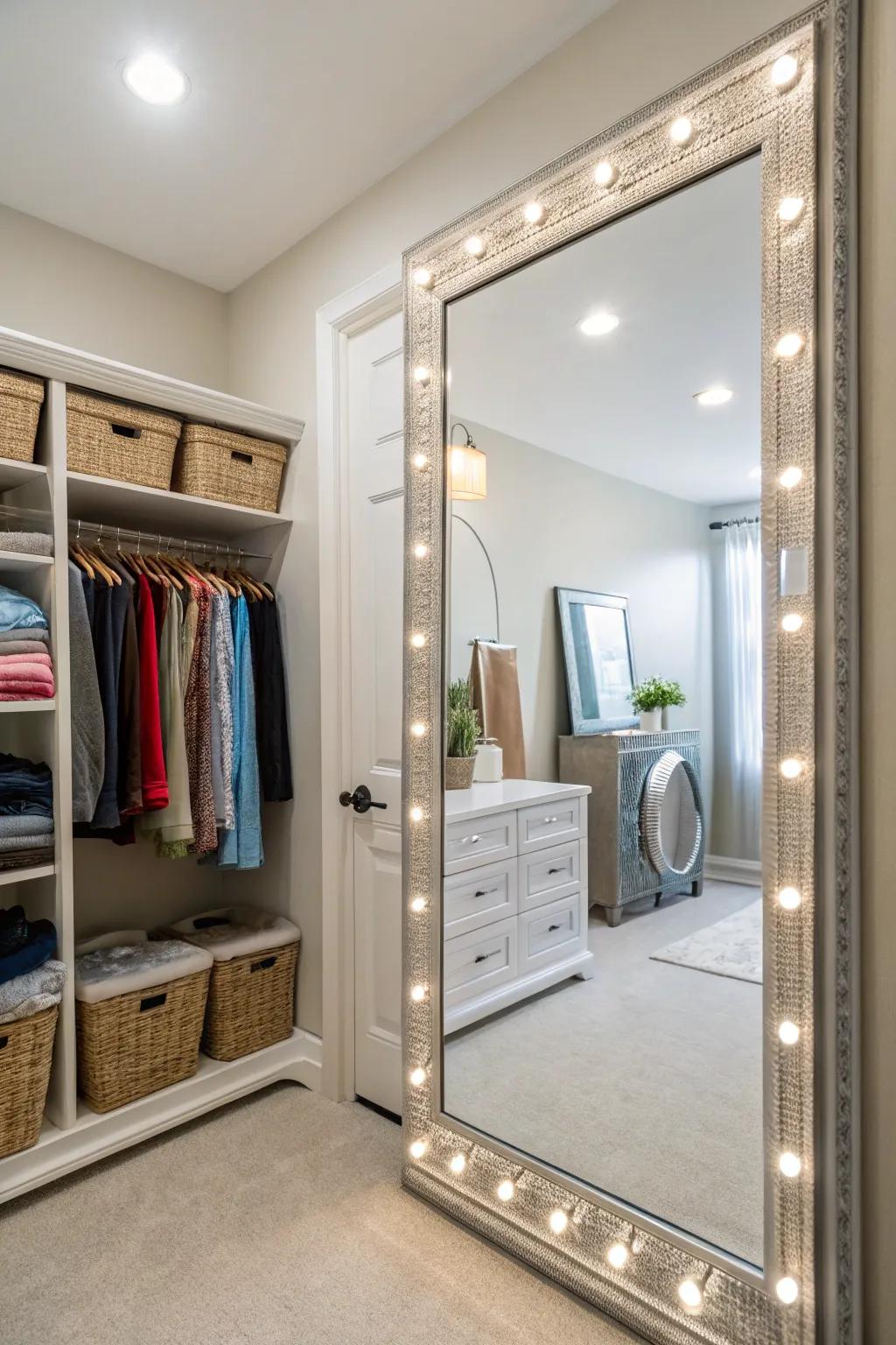 A mirror adds depth and brightness to the space.