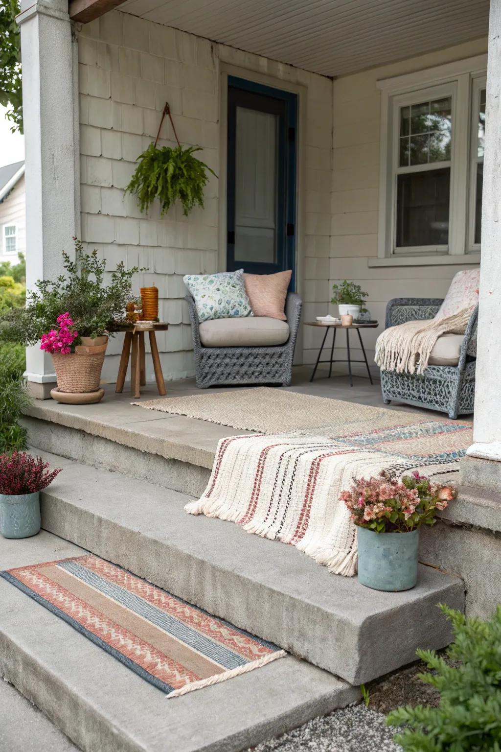 Outdoor rugs add comfort and color to a concrete porch.