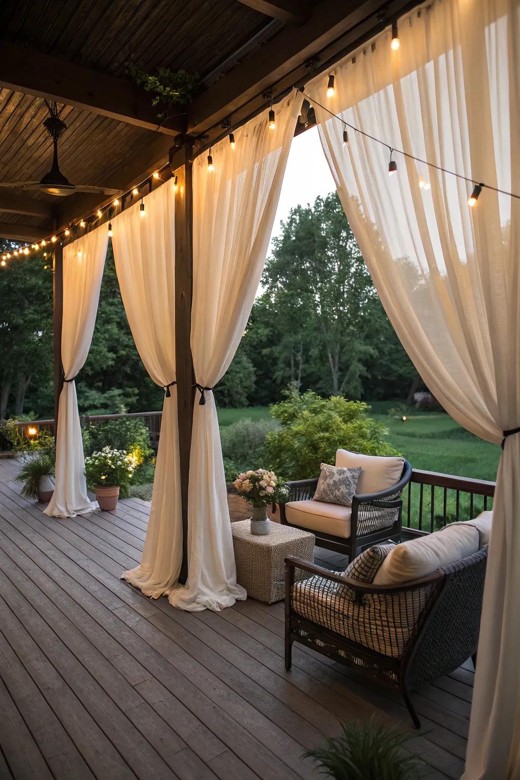 Draped curtains add elegance and create a cozy atmosphere on this covered deck.