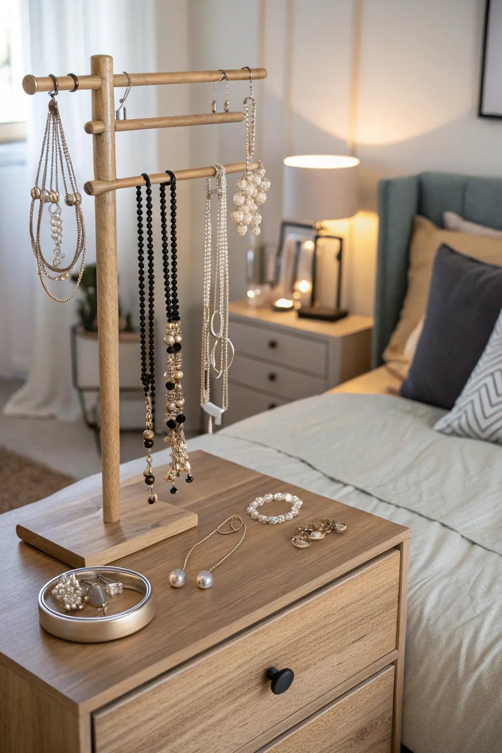 A practical and pretty jewelry organizer crafted from sticks.