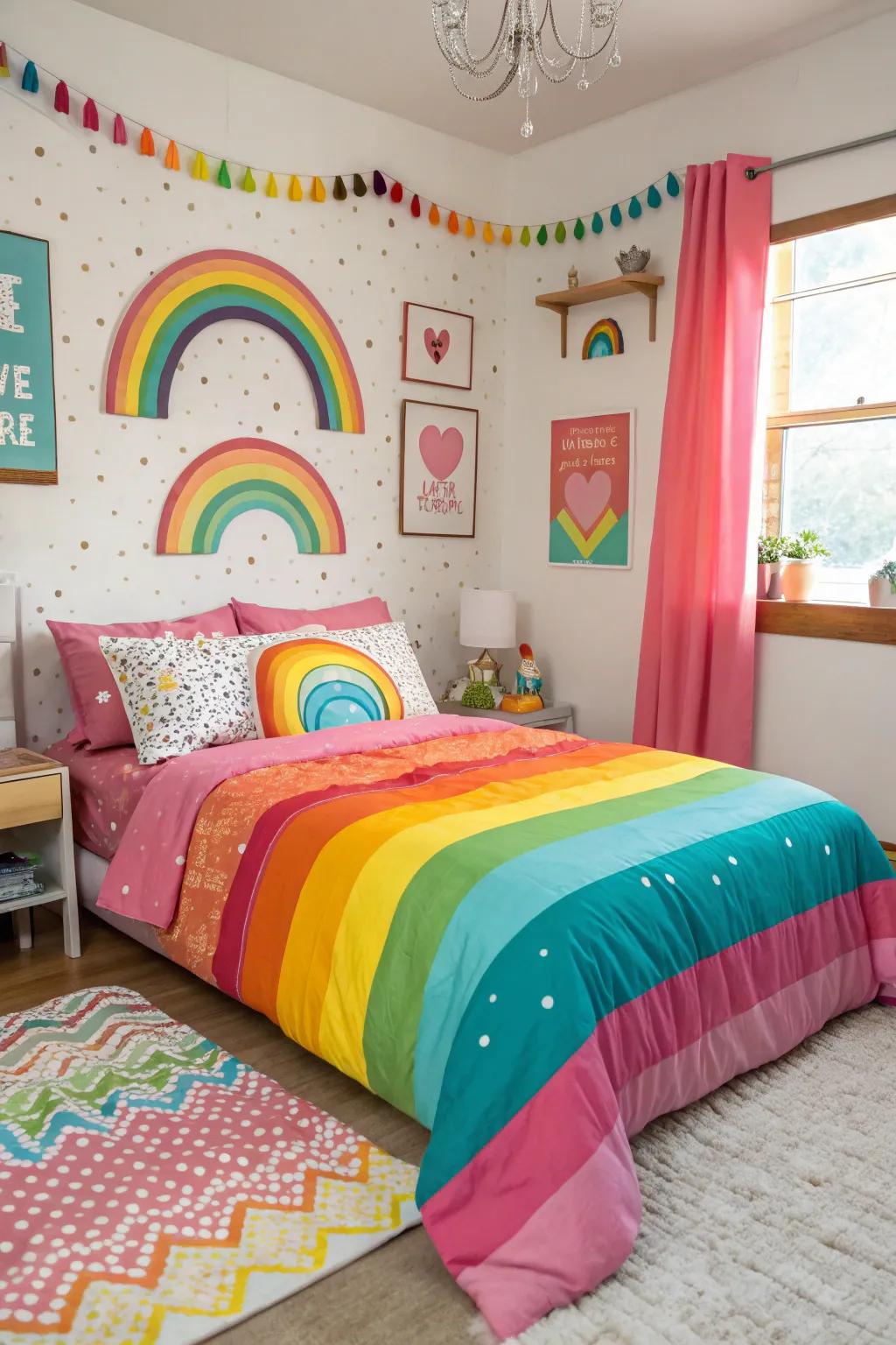 A rainbow bedspread infuses the bedroom with vibrant and cheerful energy.