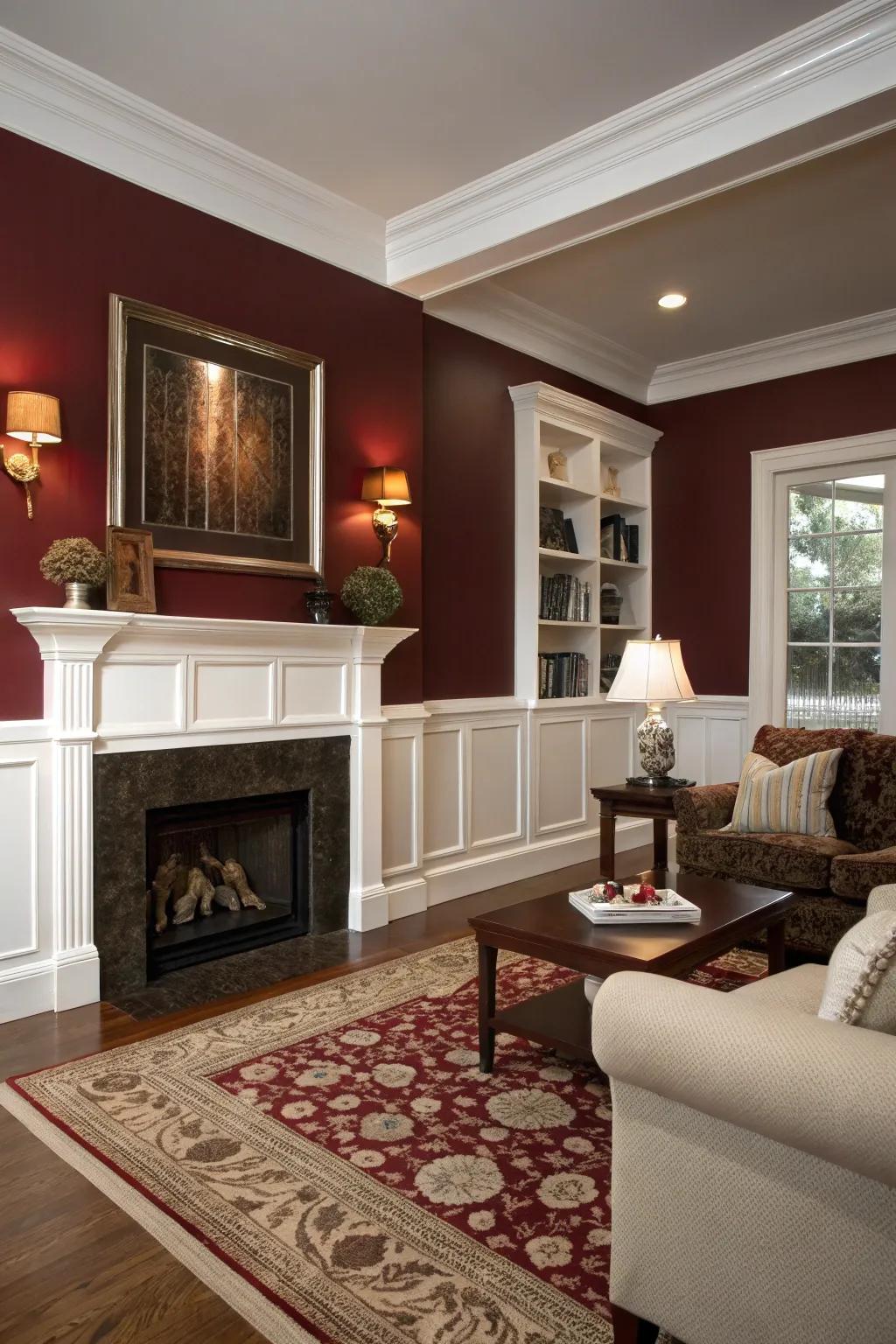 A striking living room with dark red walls and white trim.