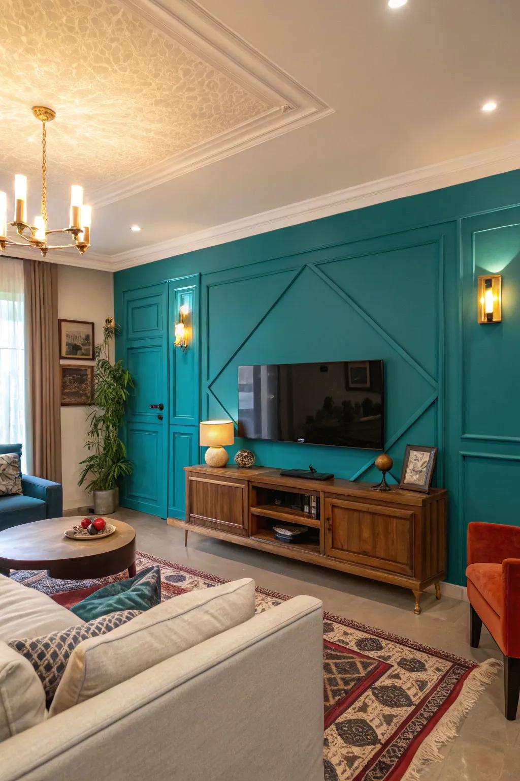 Bold teal accent wall making a TV pop in a vibrant living room.