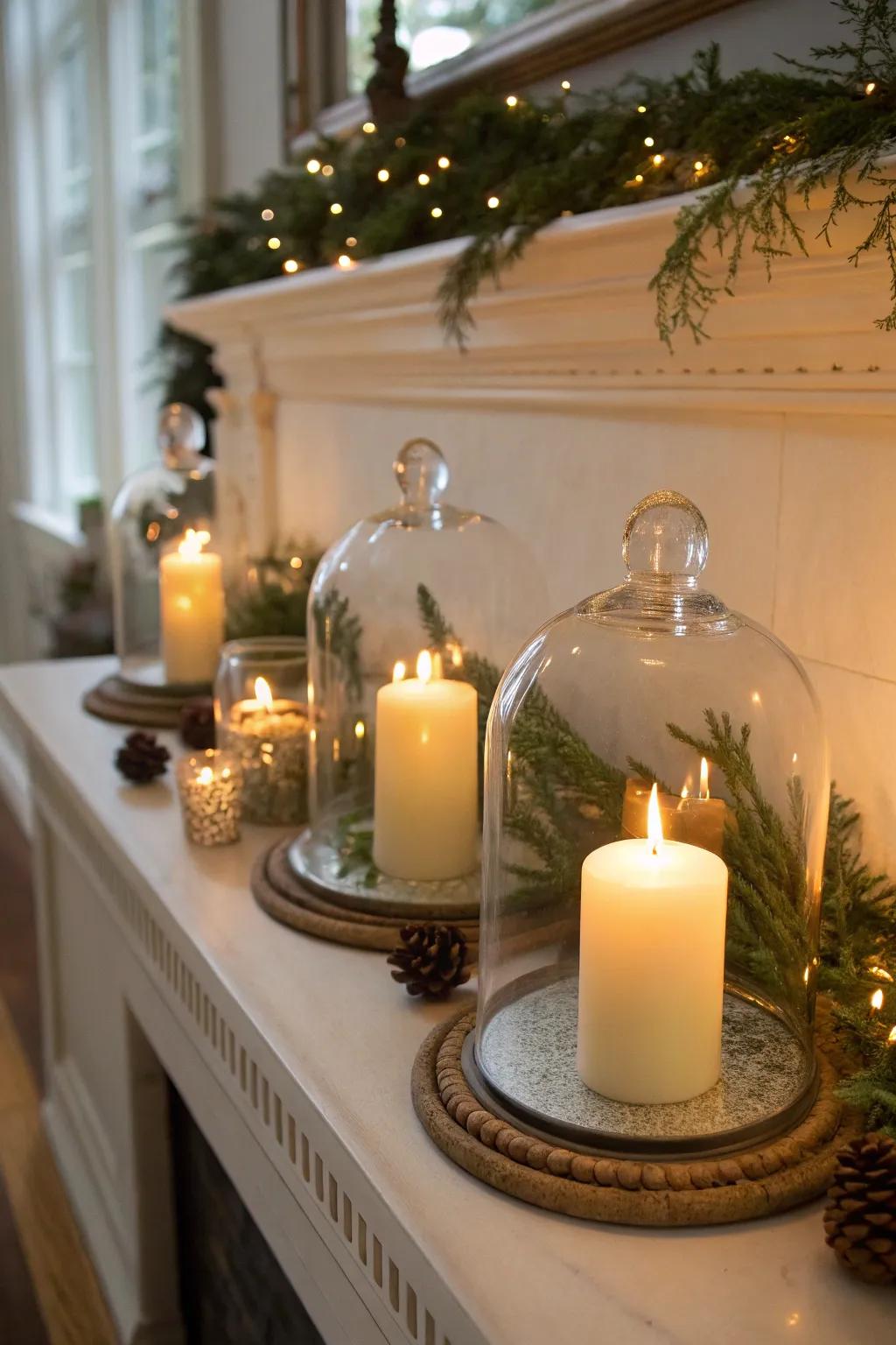 Sophisticated candle display under protective glass cloches.