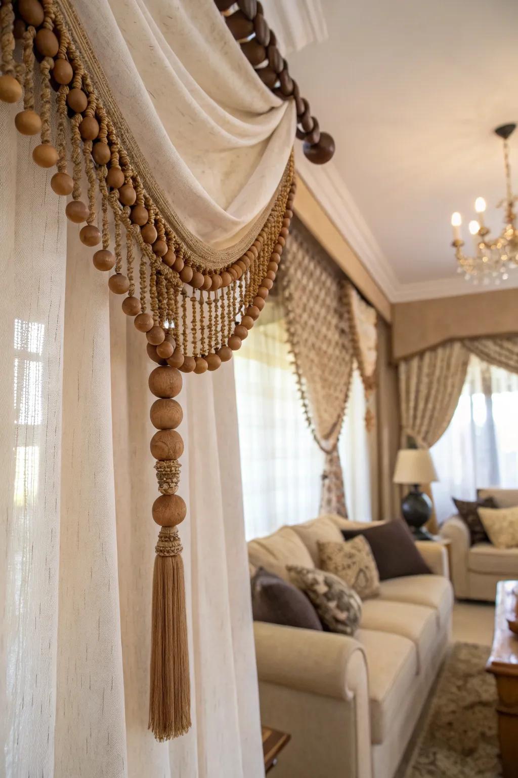 A unique curtain valance designed with wooden beads.